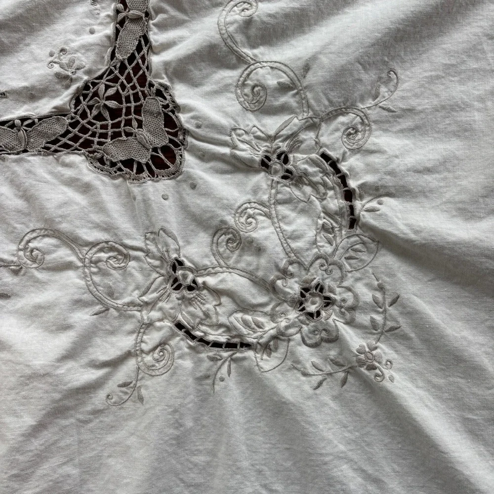 Vintage Cream Embroidered Linen Tablecloth + Table Runner Cutwork Lace  59x48